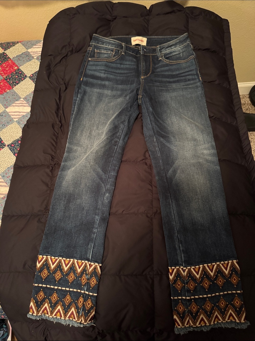 DRIFTWOOD Dark Blue slim jeans with Embroidered Tribal Hem